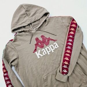 Kappa Hoodie Mens Medium Khaki Tan Red Logo Tape Pullover Streetwear